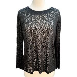 Vintage Y2K Burnout Velvet Mesh Floral Top Women's Large Black Goth Whimsigoth